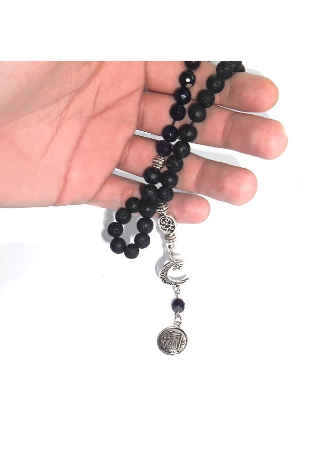 Handmade Lava Stone (22 Black) & Dark Purple Agate (11) Rosary – 33 Beads  – 8mm Natural Stones with Gift Jute Pouch - Image 5